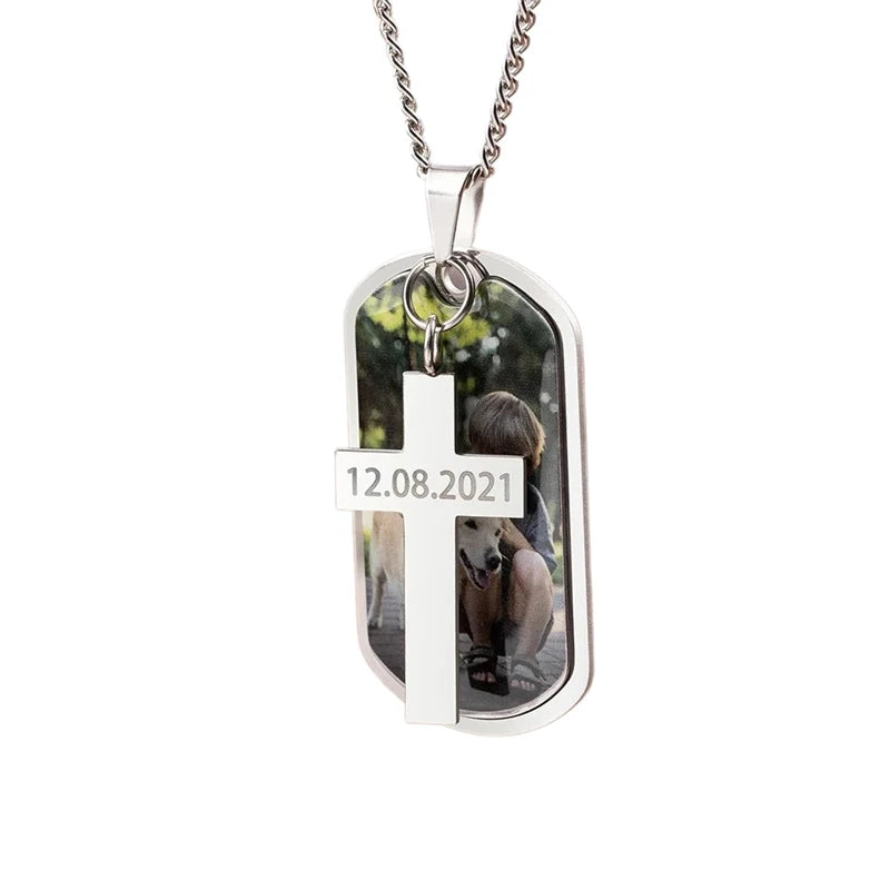 Personalized Custom Made DIY Couple Pet Photos Stainless Steel Badge Necklace with Engraved Cross Pendant
