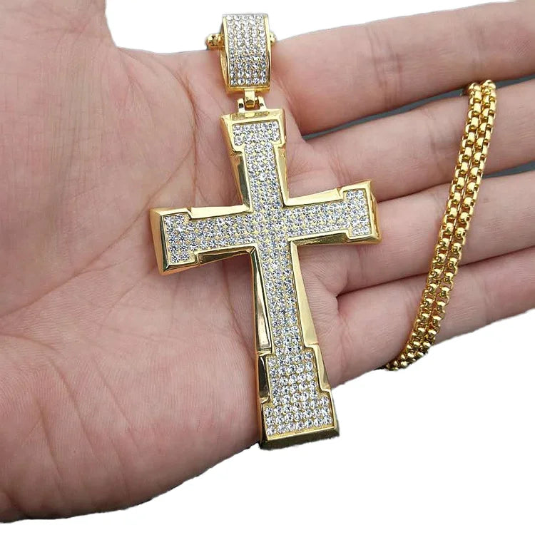 Hip Hop Men's Fully CZ Diamond Stainless Steel Cross Necklace Gold Plated Box Chain with Religious Style for Gift Engagement