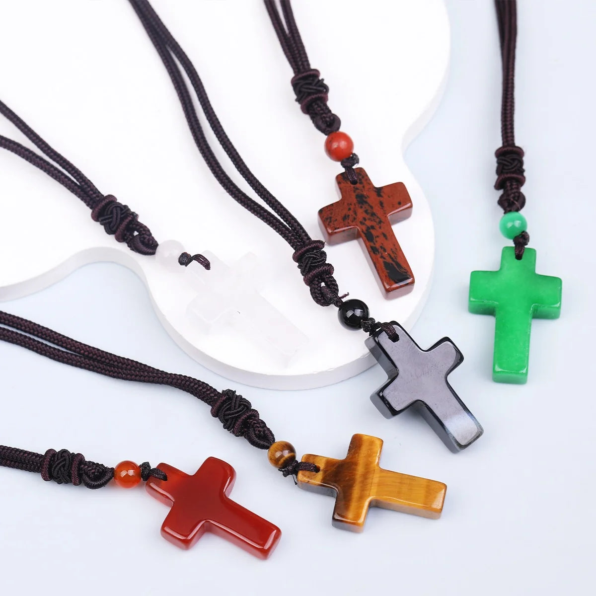 Cross-border Hot Sale Women's Religious Natural Stone Cross Necklace Multi-color Pendant Jewelry