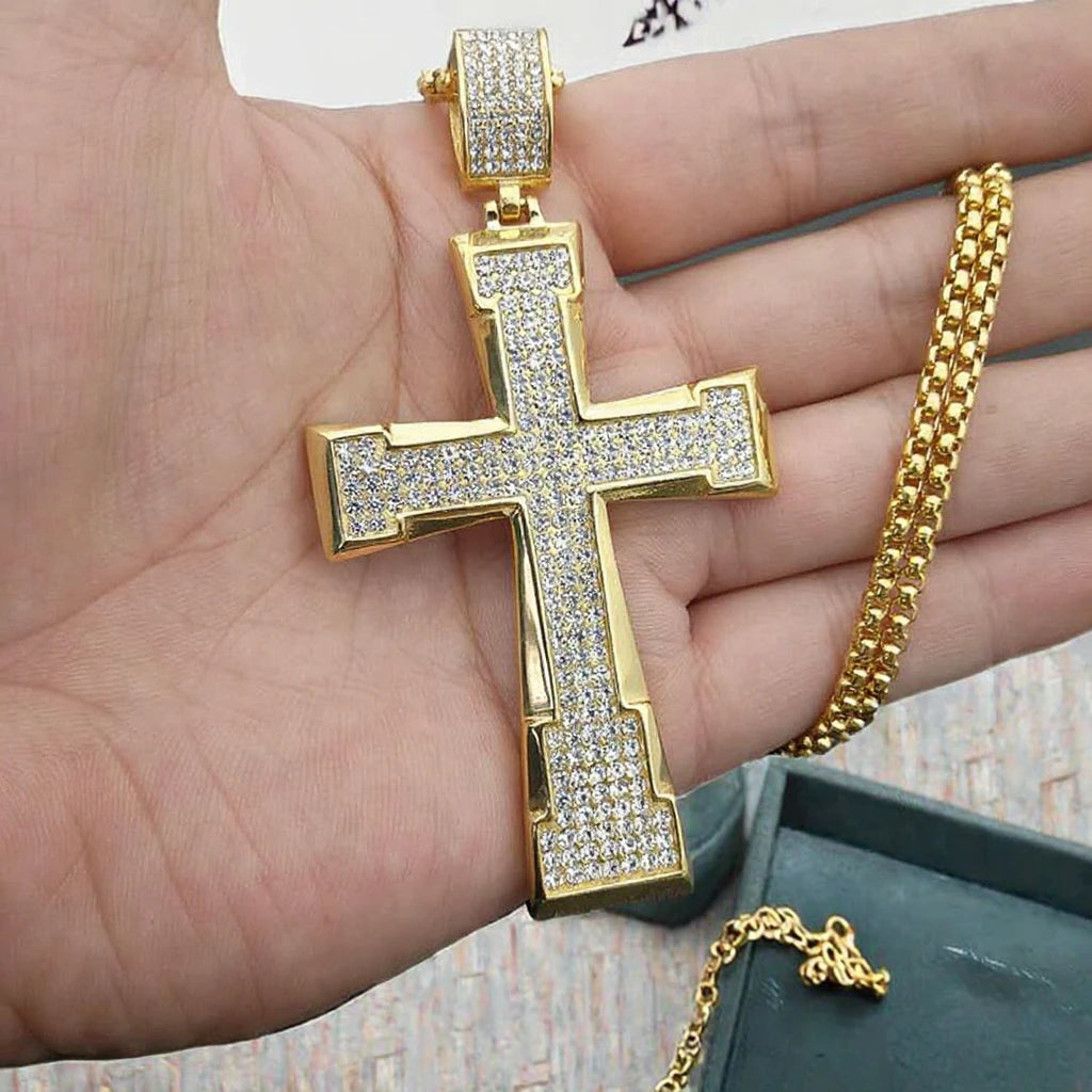 Hip Hop Men's Fully CZ Diamond Stainless Steel Cross Necklace Gold Plated Box Chain with Religious Style for Gift Engagement