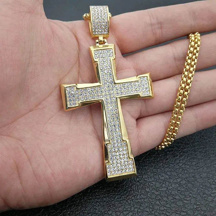 Hip Hop Men's Fully CZ Diamond Stainless Steel Cross Necklace Gold Plated Box Chain with Religious Style for Gift Engagement