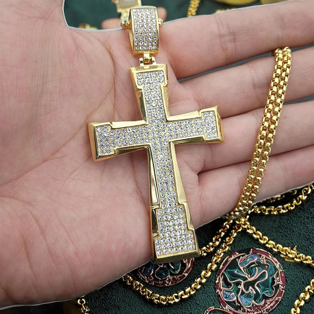 Hip Hop Men's Fully CZ Diamond Stainless Steel Cross Necklace Gold Plated Box Chain with Religious Style for Gift Engagement