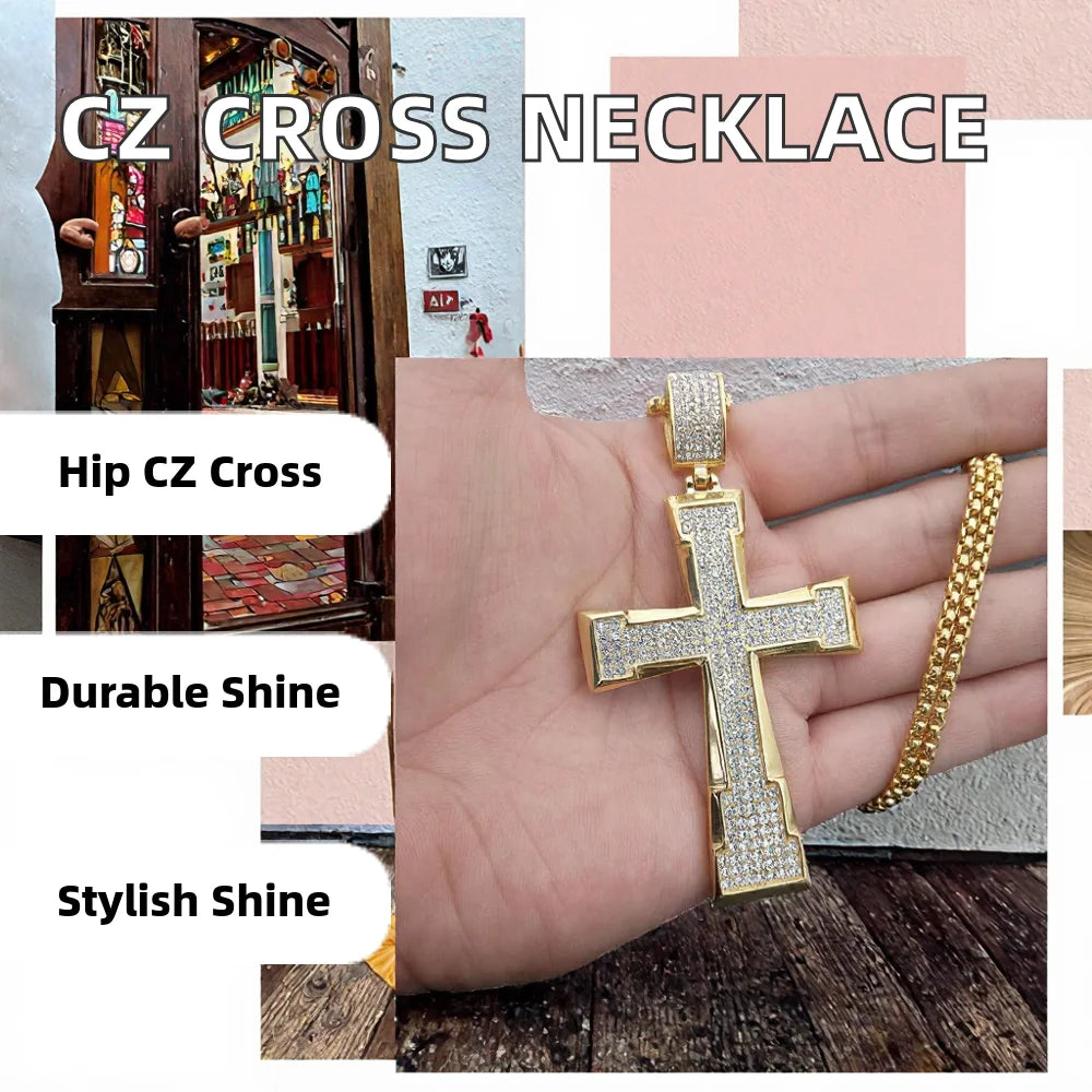 Hip Hop Men's Fully CZ Diamond Stainless Steel Cross Necklace Gold Plated Box Chain with Religious Style for Gift Engagement