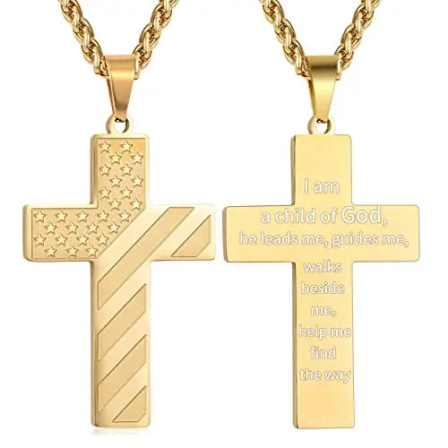 Men's 18+2 Inch Cross American Flag Pendant Necklace Gold Plated Stainless Steel Fashion Jewelry with Bible Verse Boys Gift Idea