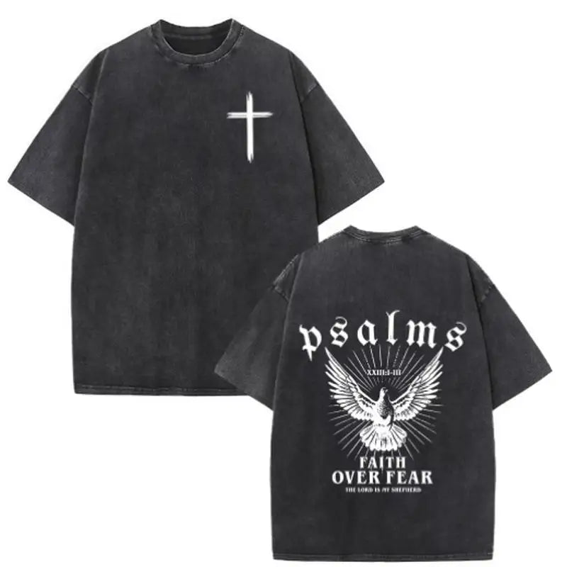 Christian Jesus Faith Over Fear Bible Verse Washed T-shirts Men Women Fashion Vintage Oversized T Shirts Harajuku Cotton T-shirt