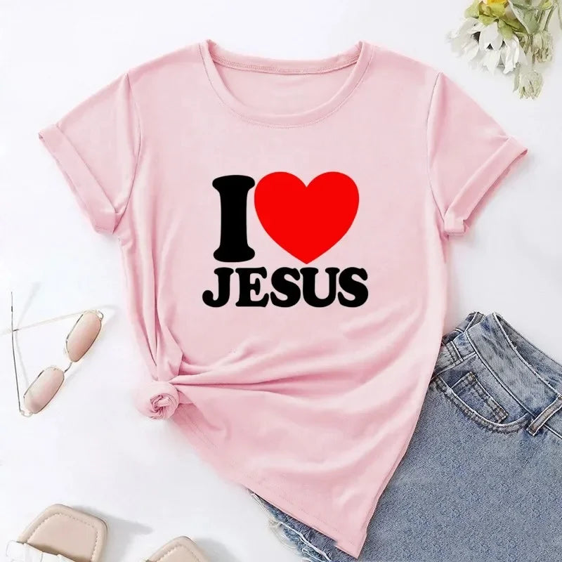 I Love Jesus Women T Shirts Round Neck Christian Faith Church Bible T-Shirt Short Sleeve T Shirt Streetwear Tops graphic t shirt