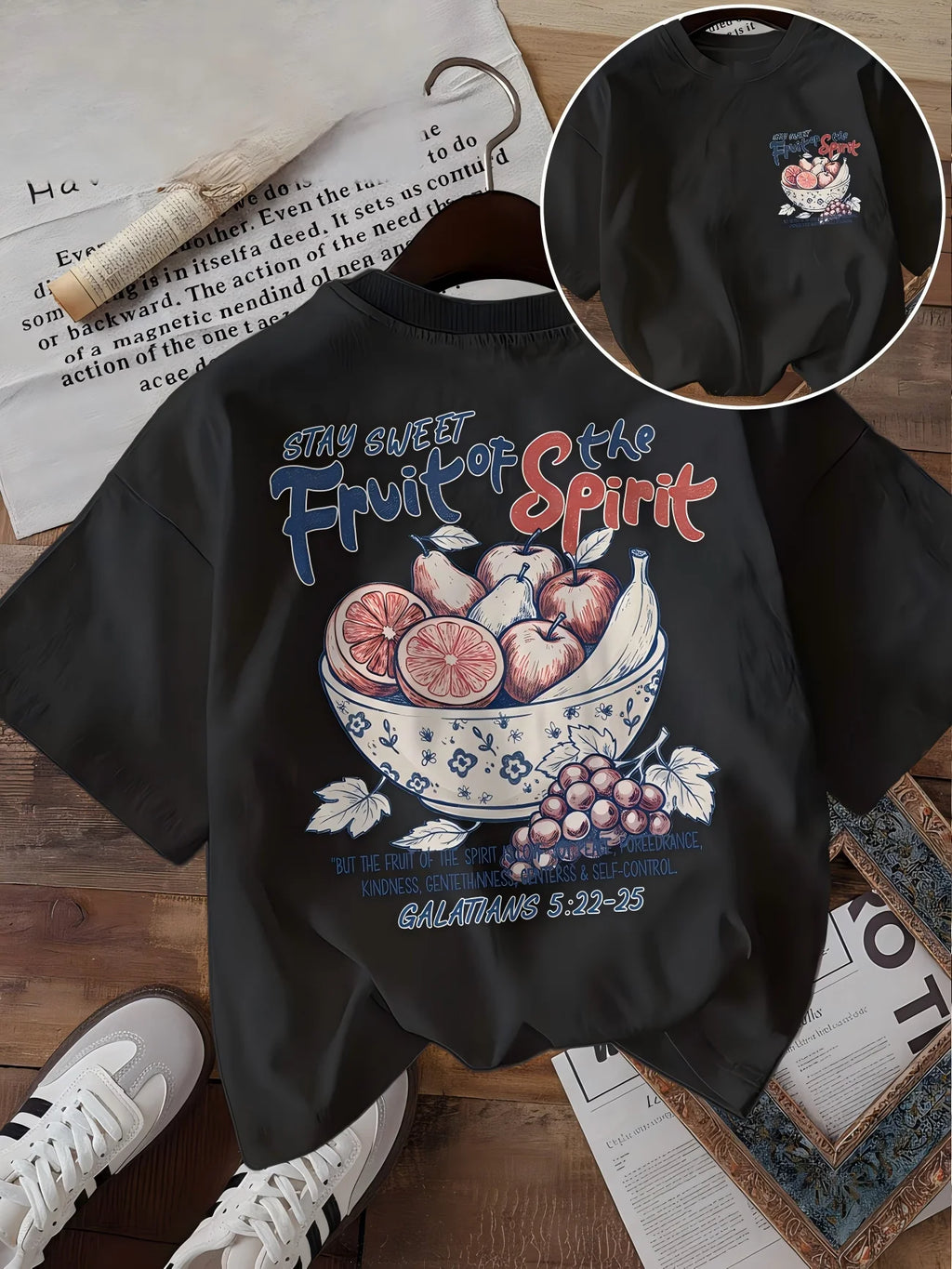 Fruit Of The Spirit Christian T-Shirt Women Stay Sweet Bible Verse Graphic Tee Galatians 5 22 25 Vintage Aesthetic Casual Top