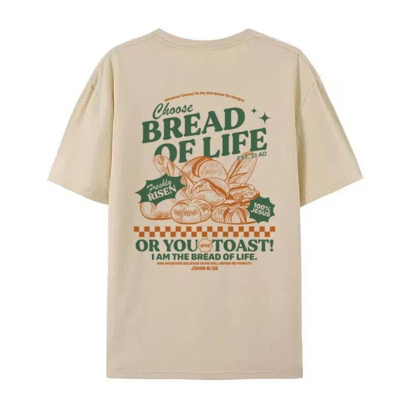 Bread of Life Funny Christian T-Shirt Bible Verse Inspirational Graphic Tee Loose Retro Jesus Faith Men Shirt Vintage Unisex Top