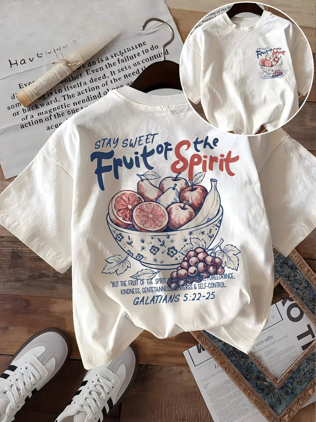 Fruit Of The Spirit Christian T-Shirt Women Stay Sweet Bible Verse Graphic Tee Galatians 5 22 25 Vintage Aesthetic Casual Top