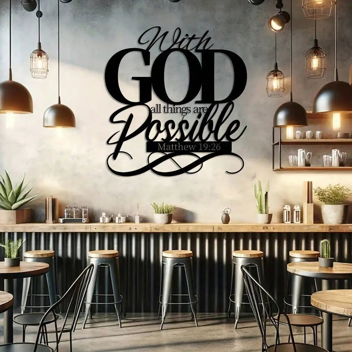 Christian Bible Verse Metal Wall Art "With God All Things Are Possible" - Religious Home Decor Sign
