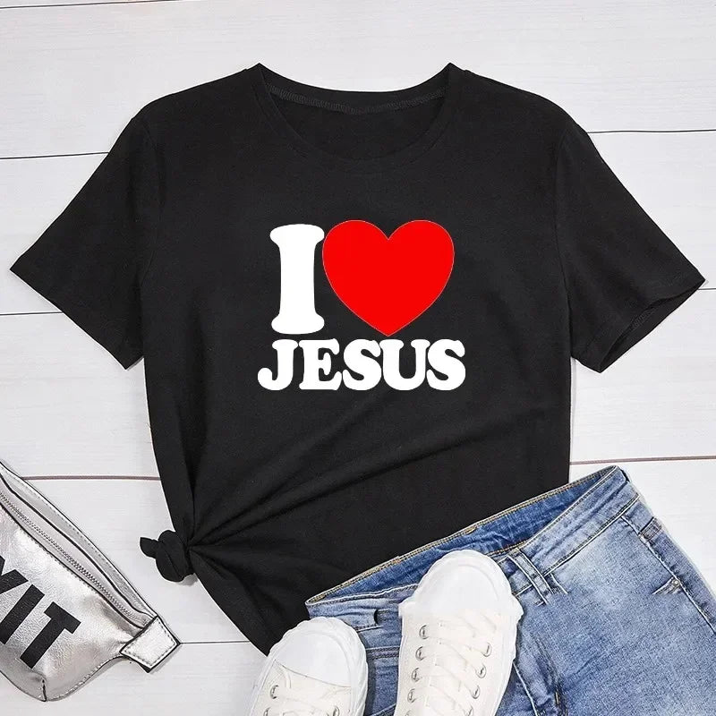 I Love Jesus Women T Shirts Round Neck Christian Faith Church Bible T-Shirt Short Sleeve T Shirt Streetwear Tops graphic t shirt
