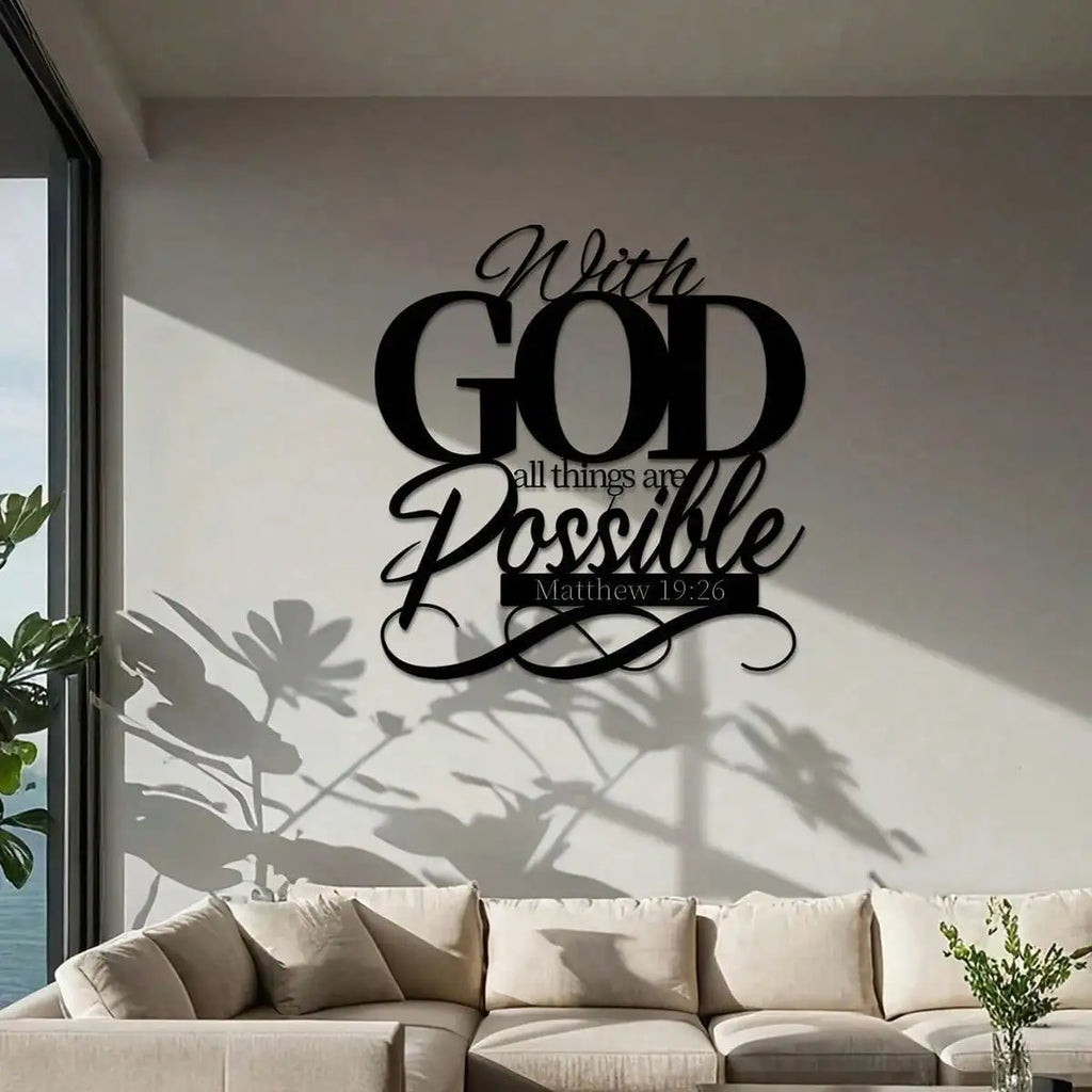 Christian Bible Verse Metal Wall Art "With God All Things Are Possible" - Religious Home Decor Sign