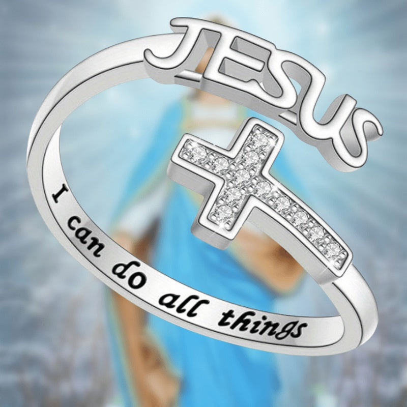 1pc Elegant Glass Rhinestone Inlay Cross Ring with Engraved 'I Can Do All Things' - Inspirational Alloy Jewelry for Valentine's Day, Anniversary, Birthday, Wedding, or Party Gift, Gift for Occasions | Inspirational Ring | Cross Pendant Ring