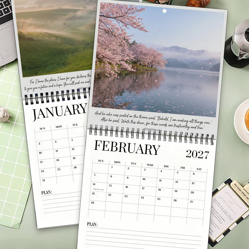 1pc 2027 Bible Verse Wall Calendar, Spiral-Bound 12-Month Calendar with Large Writable Date Blocks, Features Inspirational Scripture Quotes and Scenic Nature Landscapes, Christian Home Decor and Faith Gift for Family