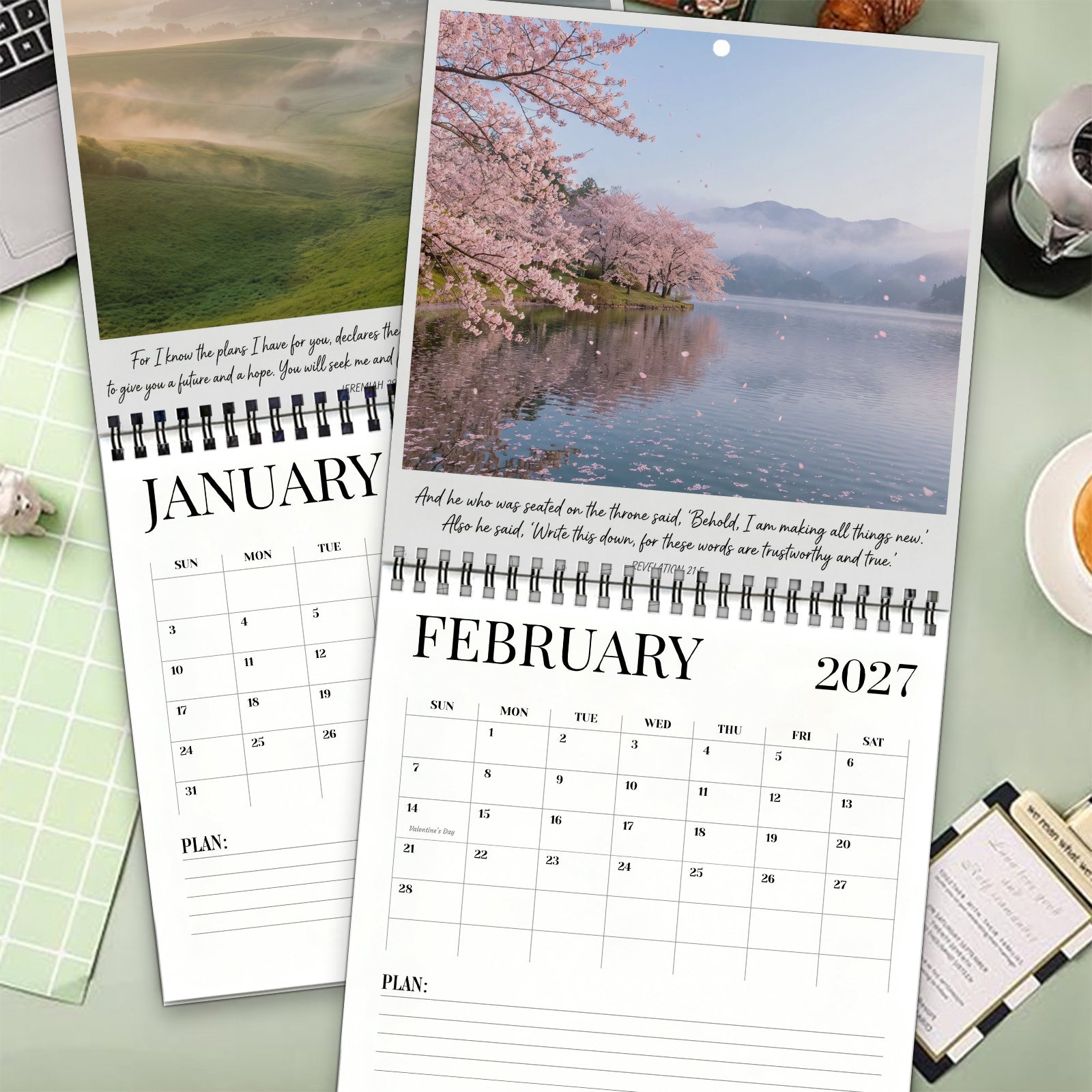 1pc 2027 Bible Verse Wall Calendar, Spiral-Bound 12-Month Calendar with Large Writable Date Blocks, Features Inspirational Scripture Quotes and Scenic Nature Landscapes, Christian Home Decor and Faith Gift for Family
