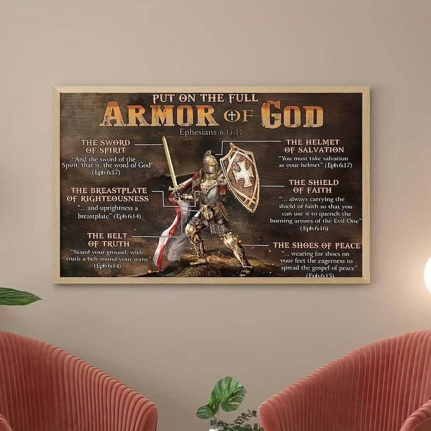 1pc of Faithgee Armor of God Wall Decoration Featuring a Knight Design. It Encourages Wearing The Full Armor of God. This Canvas Christian Gift Is a Horizontal Poster Without a Frame, Ideal for a Warrior of God