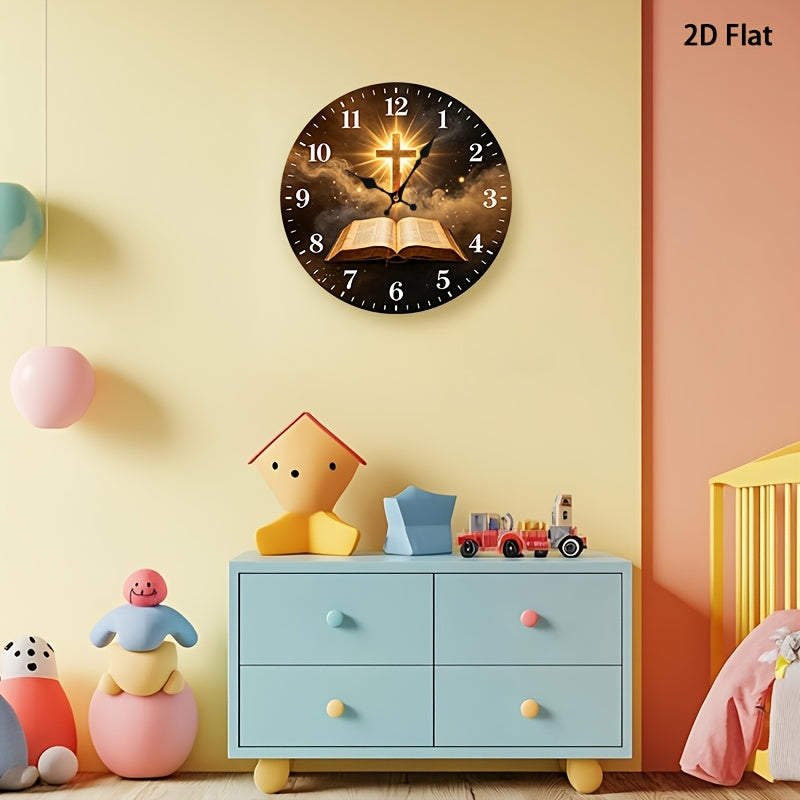 2D Flat, 1pc Non-Luminous Cross And Open Bible Design Religious Wooden Wall Clock, Spiritual Faith Theme Decor, Suitable for Prayer Room, Study, Church Hall, Ideal Holiday Gift (AA Battery Not Included)
