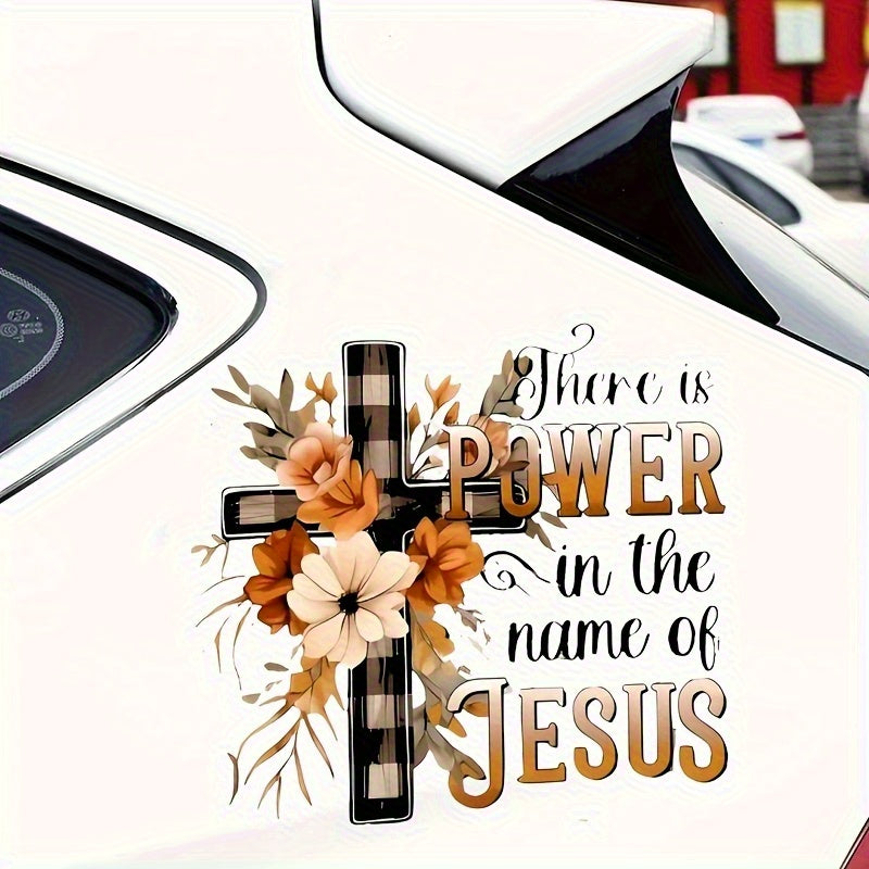 1pc "Name Power" Inspirational Sticker / Autumn Floral Cross Design / Durable Vinyl Material / Suitable for Car Bumper, Laptop, Window, Wall / Faith-Based Home And Car Decoration / Elegant Font Style / High Quality Printing / Car Decoration