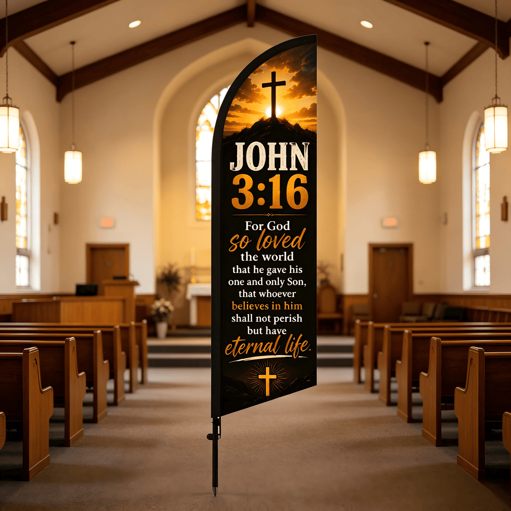 JOHN 3:16 Themed Church Decorative Pennant Flag, Beach Flag, Feather Flag. 198.12 cm Tall (pole Not Included), Polyester-blend Polyester Fiber Fabric,, Sun-resistant, and Fade-resistant. The Scripture Typography Is Simple and Elegant with Soft