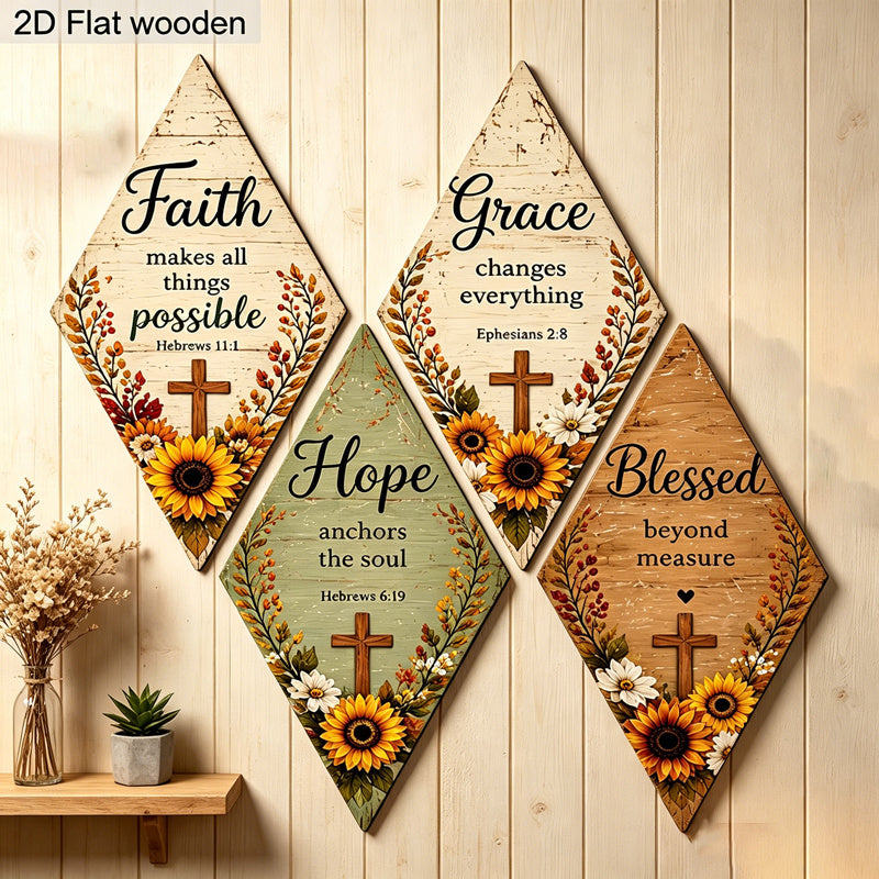2D Flat, 4pcs/Set Farmhouse Sunflower Cross Religious Wooden Wall Art Sign, Faith Hope Grace Blessed Scripture Quote Rhombus Wooden Plaques, Home And Church Wall Decor
