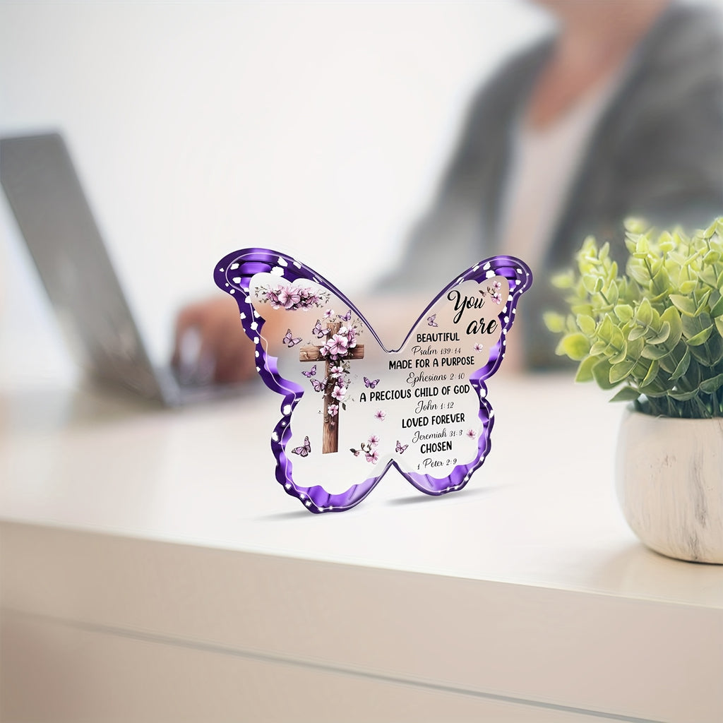Purple & White 1pc Butterfly Acrylic Christian Plaque with 2D Flat Floral Design and Scripture Verses - Inspirational Religious Tabletop Decor for Home, Church Easter Mother's Day Women's Faith Gift Spiritual Encouragement Present | Elegant