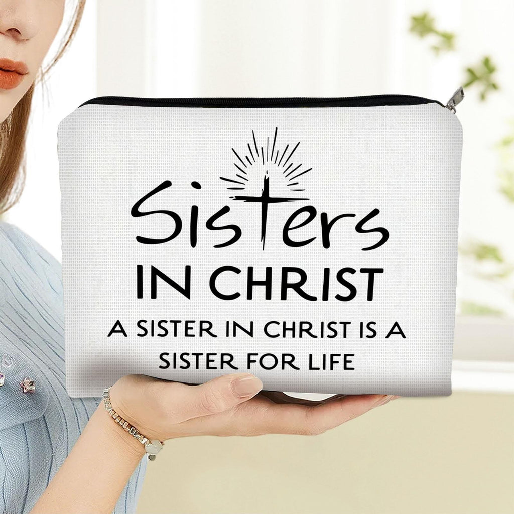 1pc Christian Sisters Double - Sided Cosmetic Bag, 22.0cm*14.99cm Size, Polyester Material, Stylish & Practical, Ideal for Daily Makeup Storage, On - the - Go Beauty Essentials, Clean Design with "Sisters IN CHRIST" Message