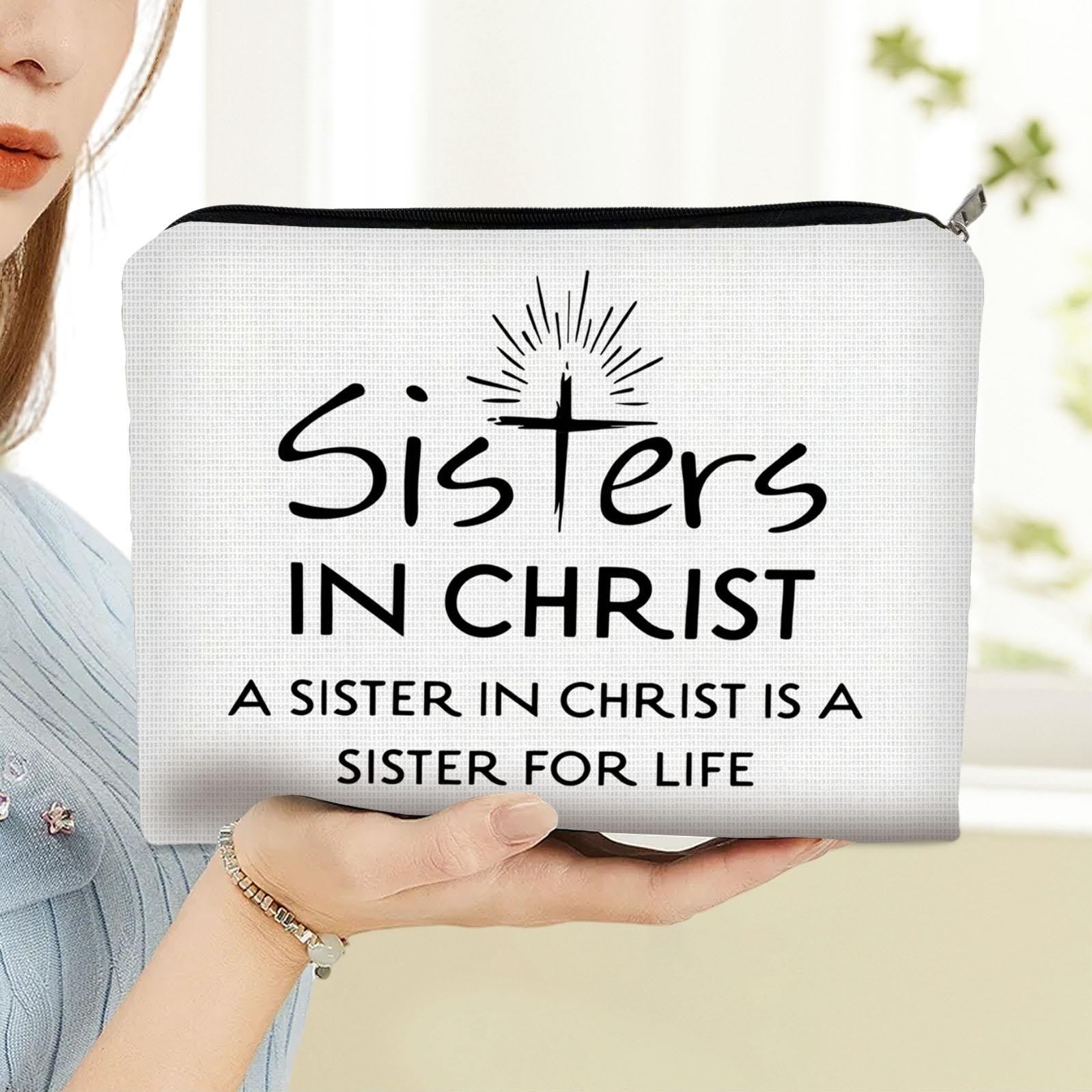 1pc Christian Sisters Double - Sided Cosmetic Bag, 22.0cm*14.99cm Size, Polyester Material, Stylish & Practical, Ideal for Daily Makeup Storage, On - the - Go Beauty Essentials, Clean Design with "Sisters IN CHRIST" Message