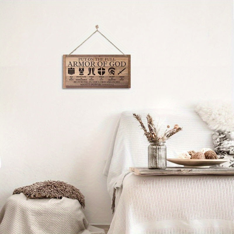 Rustic Christian Wall Plaque Suitable for Church - Ephesians 6:10 Armor of God Verse Sign, Artificial Wood Door Hanging Decoration with Rope, Decor for Prayer Room & Spiritual Gift
