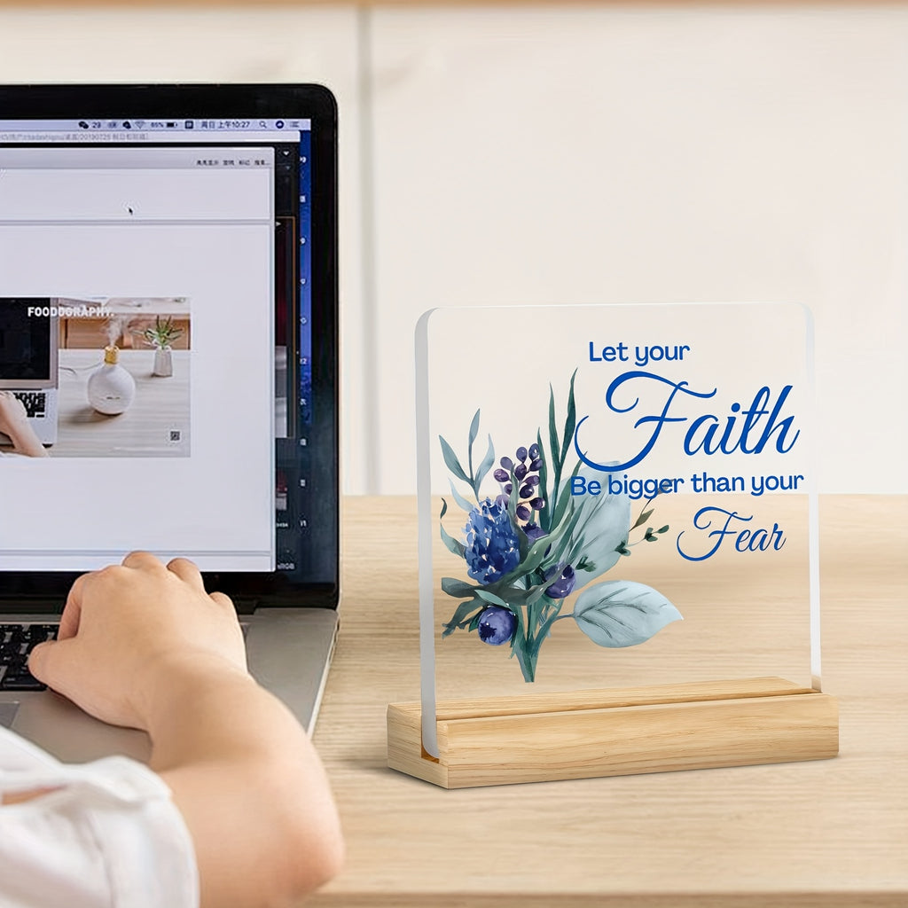 2D Flat, 1pc Inspirational Acrylic Ornament with Wooden Base - "Let Your Faith Be Bigger Than Your Fear" Christian Gift, Bohemian Style Home Decor, Spiritual Encouragement for Wives & Loved Ones, Inspirational Wall Decor
