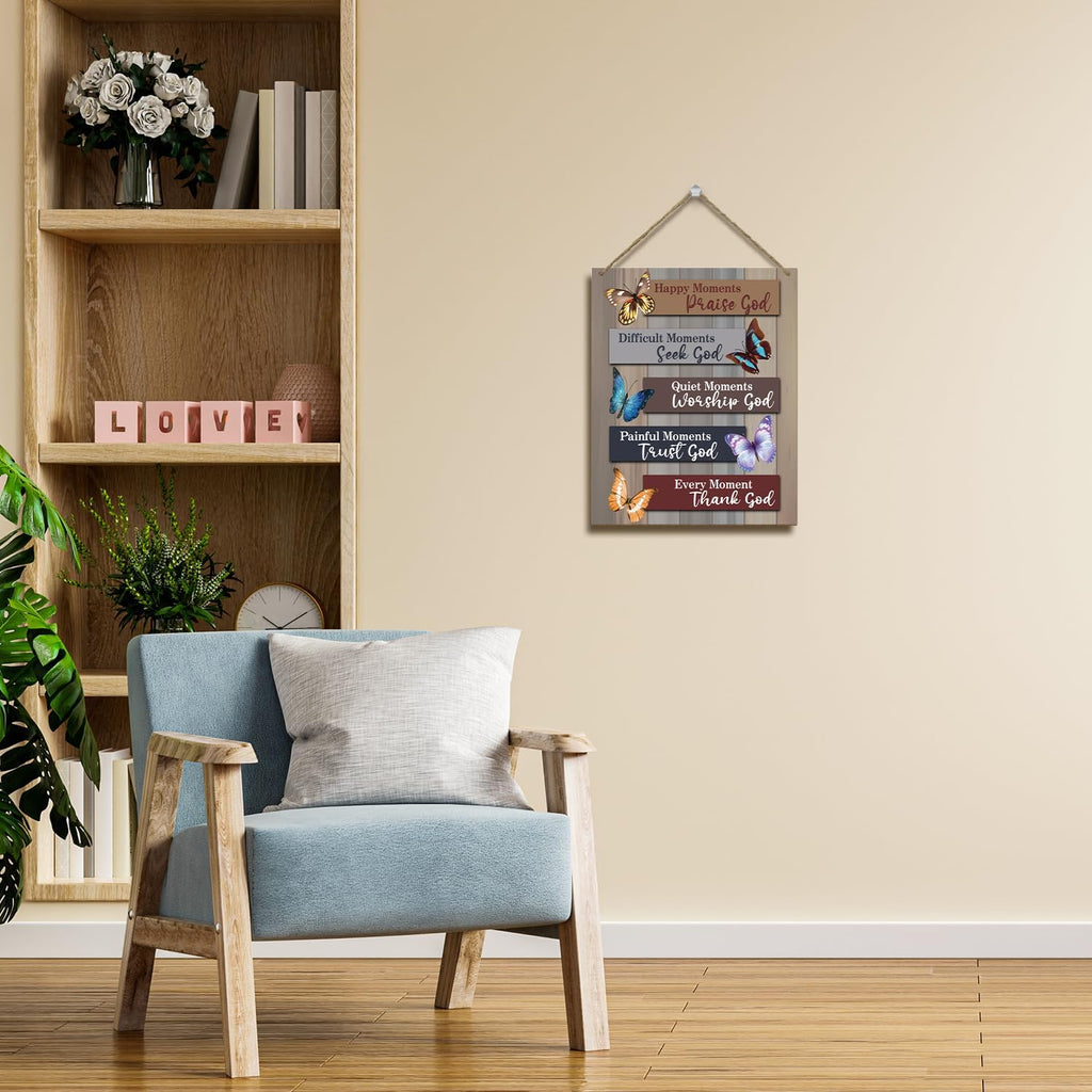 2D Flat, Collectible Figurine Pendants, Drops & Finials, 2D Flat Christian Hanging Signs with Wooden Printing and Rope, Home Wall Decor Wooden "Happy Moments" Praise God Sign, Door Butterfly Bible Verse Sign for Study and Bedroom, Farmhouse Art
