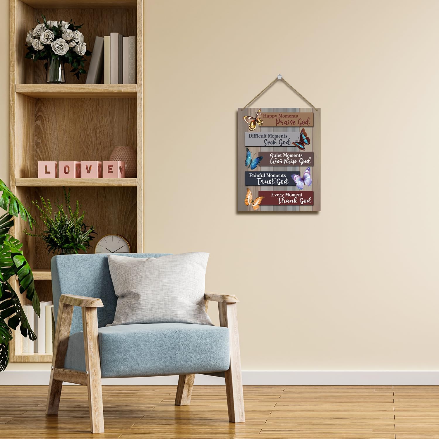 2D Flat, Collectible Figurine Pendants, Drops & Finials, 2D Flat Christian Hanging Signs with Wooden Printing and Rope, Home Wall Decor Wooden "Happy Moments" Praise God Sign, Door Butterfly Bible Verse Sign for Study and Bedroom, Farmhouse Art