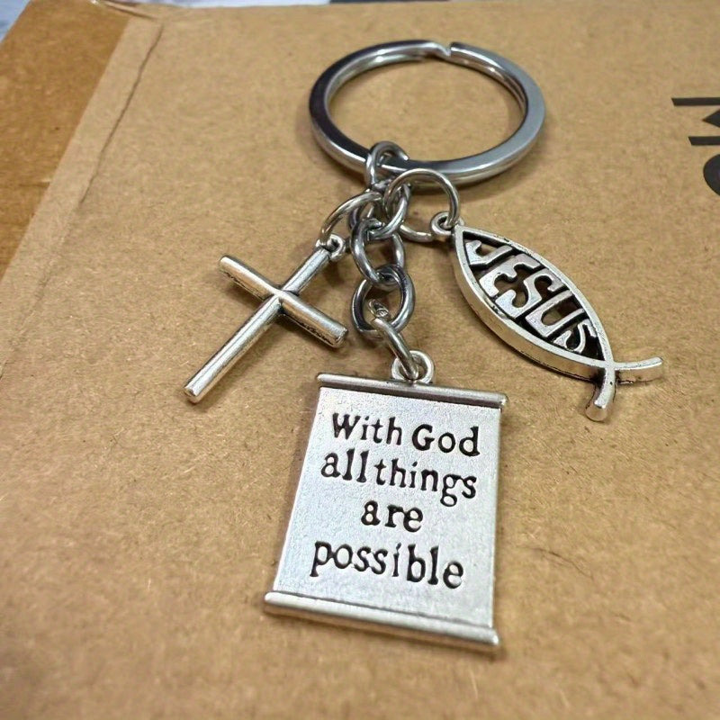 with God Allthings Are Possible Keychain, Cross Keyring,  Keychain, Men Bag Pendant Zinc Alloy Accessories