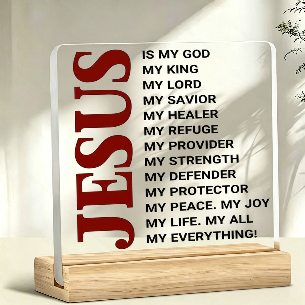 1pc JESUS Red Lettering Paperweight with Wooden Base & Acrylic Top - Religious Desk Decor Suitable for Christmas, Showers,, Office - Jesus-Themed Ornament for, Church, or Gift for Christians
