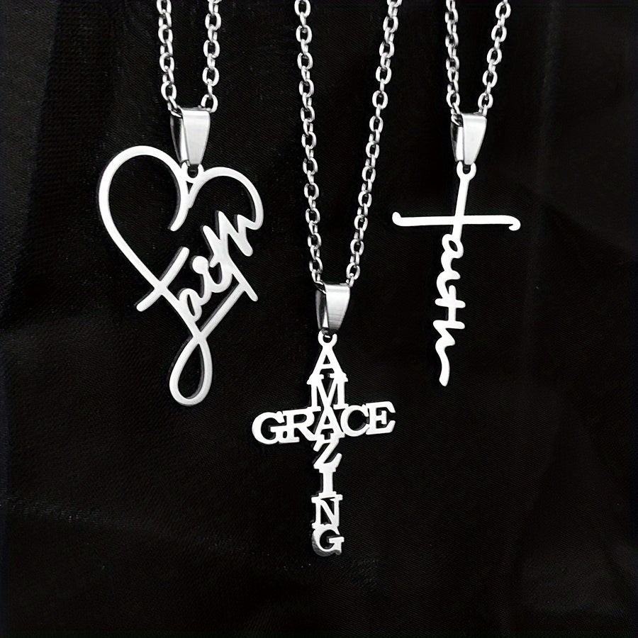 3pcs/Set Stainless Steel Heart Shaped Faith Related Jewelry Pendants, Christian Faith Words Unisex Couple Jewelry Gift Include Lettering Faith, Amazing Grace And Faith Cross
