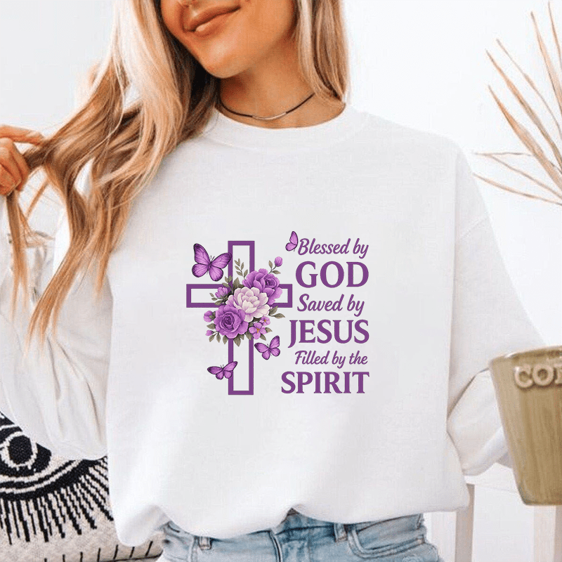 1pc Purple Cross Flower Butterfly Text Heat Transfer Sticker, Durable Vinyl, Religious Christian Style, Suitable for Iron-On Stickers for T-Shirts, Sweatshirts, Jeans, Jackets, Backpacks, Cushions, Etc