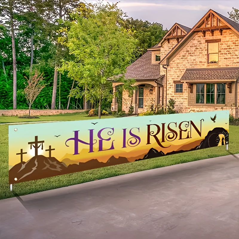 He Is Risen" Easter Banner - Durable Polyester with Religious Cross & Sunrise Design, Perfect for Spring/Summer Outdoor Decor, Versatile Holiday Entrance Accent