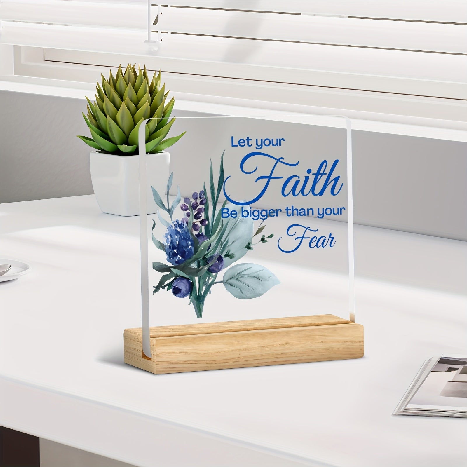 2D Flat, 1pc Inspirational Acrylic Ornament with Wooden Base - "Let Your Faith Be Bigger Than Your Fear" Christian Gift, Bohemian Style Home Decor, Spiritual Encouragement for Wives & Loved Ones, Inspirational Wall Decor
