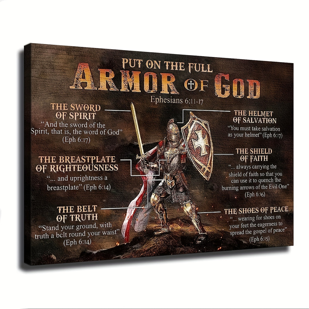 1pc of Faithgee Armor of God Wall Decoration Featuring a Knight Design. It Encourages Wearing The Full Armor of God. This Canvas Christian Gift Is a Horizontal Poster Without a Frame, Ideal for a Warrior of God
