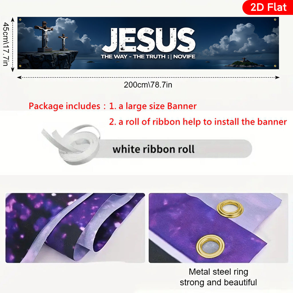 2D Flat, 2D Flat Banner 1pc Large Christian  Cross Faith Banner - Heavy-Duty Indoor/Outdoor Church Decoration with  & Cross Design, White Lettering & Bible Verse John Wedding, Birthday, Easter, Christmas, Thanksgiving Party Decorations - No Elect