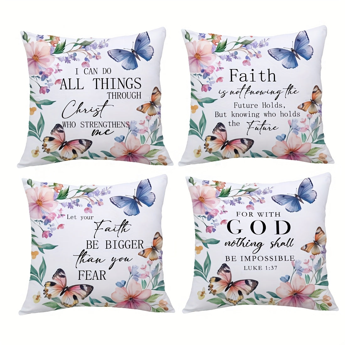 4pcs Set, Single-Sided Printed Pillowcases, Watercolor Butterfly Floral Bible Verse Pillowcases, 44.96 X 44.96 cm, Home Decor Pillowcases Suitable for Living Room Sofa Bedroom, Pillow Inserts Not Included