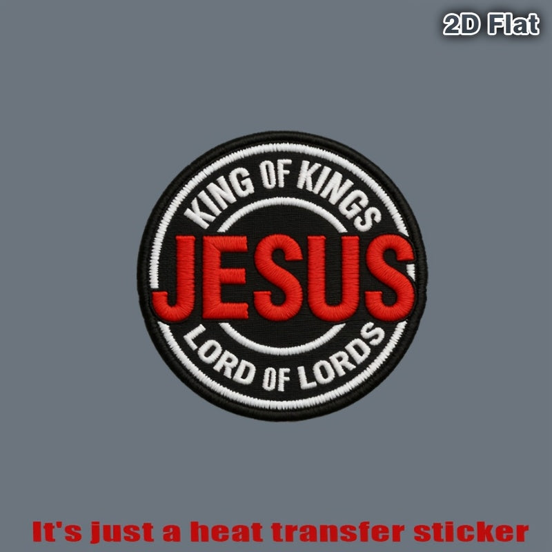 Black Patch with Bold Red "JESUS" and White "KING OF KINGS, Heat Transfer Stickers Are Suitable for Flat Fabrics Such as Clothes, Hats, Canvas Bags, Throw Pillows, Leather, Bed Sheets, Carpets, Etc. It Can Be Heat-transferred with an Iron