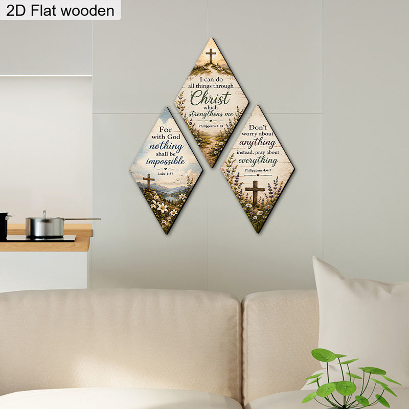 2D Flat, 3pcs/Set Philippians Bible Verse Cross Floral Wooden Wall Art Sign, Rhombus Christian Religious Wall Decor Plaque, Living Room Church Wall Hanging Decorations, Christmas Gift
