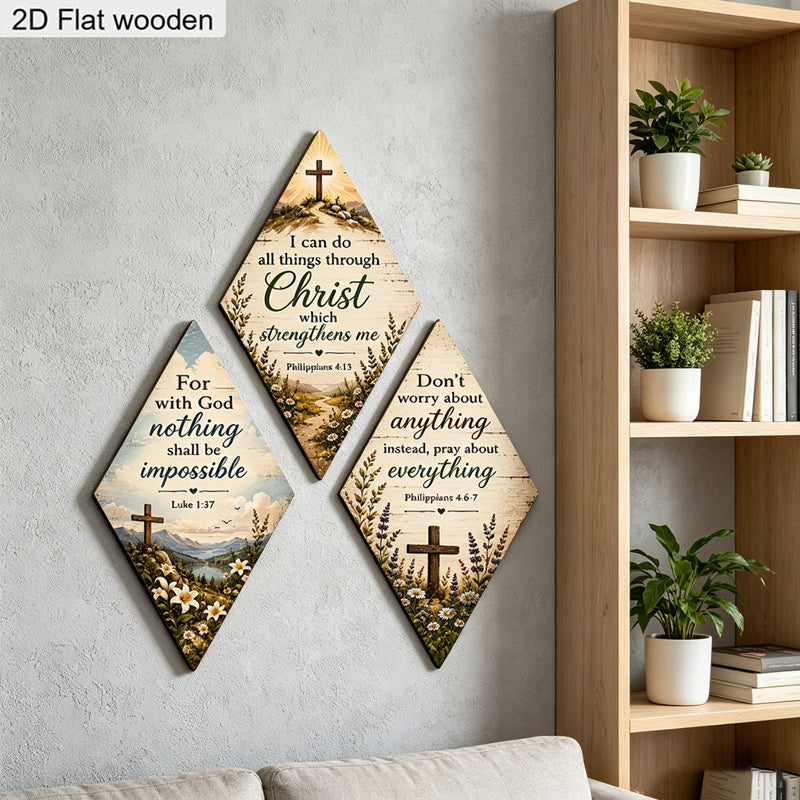 2D Flat, 3pcs/Set Philippians Bible Verse Cross Floral Wooden Wall Art Sign, Rhombus Christian Religious Wall Decor Plaque, Living Room Church Wall Hanging Decorations, Christmas Gift