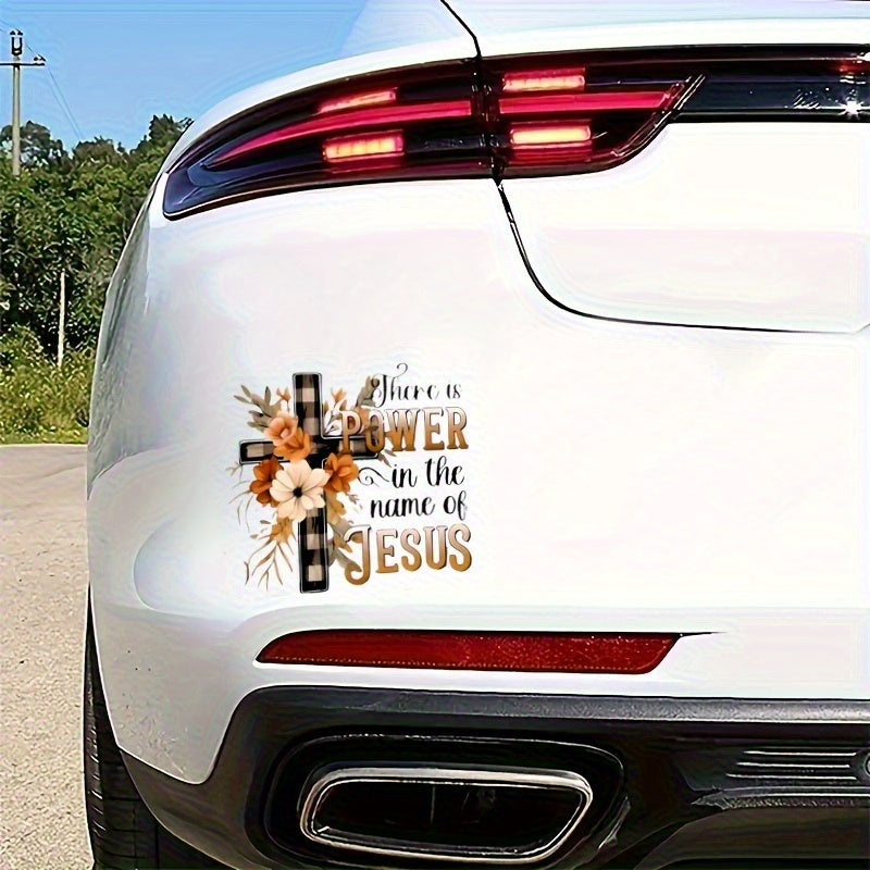 1pc "Name Power" Inspirational Sticker / Autumn Floral Cross Design / Durable Vinyl Material / Suitable for Car Bumper, Laptop, Window, Wall / Faith-Based Home And Car Decoration / Elegant Font Style / High Quality Printing / Car Decoration