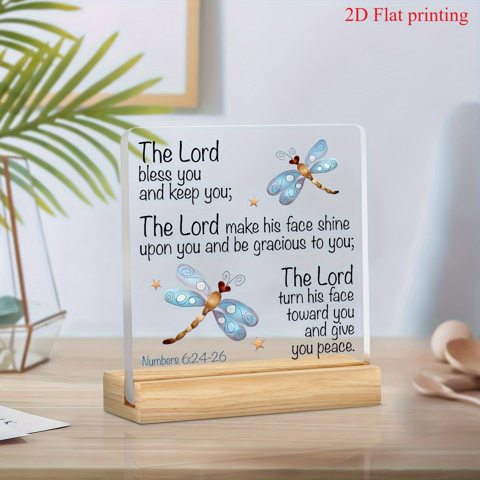 2D Flat, Transparent Acrylic Modern Christian Bible Verse Desktop Decor - Square Suitable for Home, Office & Church Ornament with Sturdy Base Stand, Dragonfly Starry Sky Design & Inspirational Scripture Display, Spiritual Ambiance for Easter Gifts
