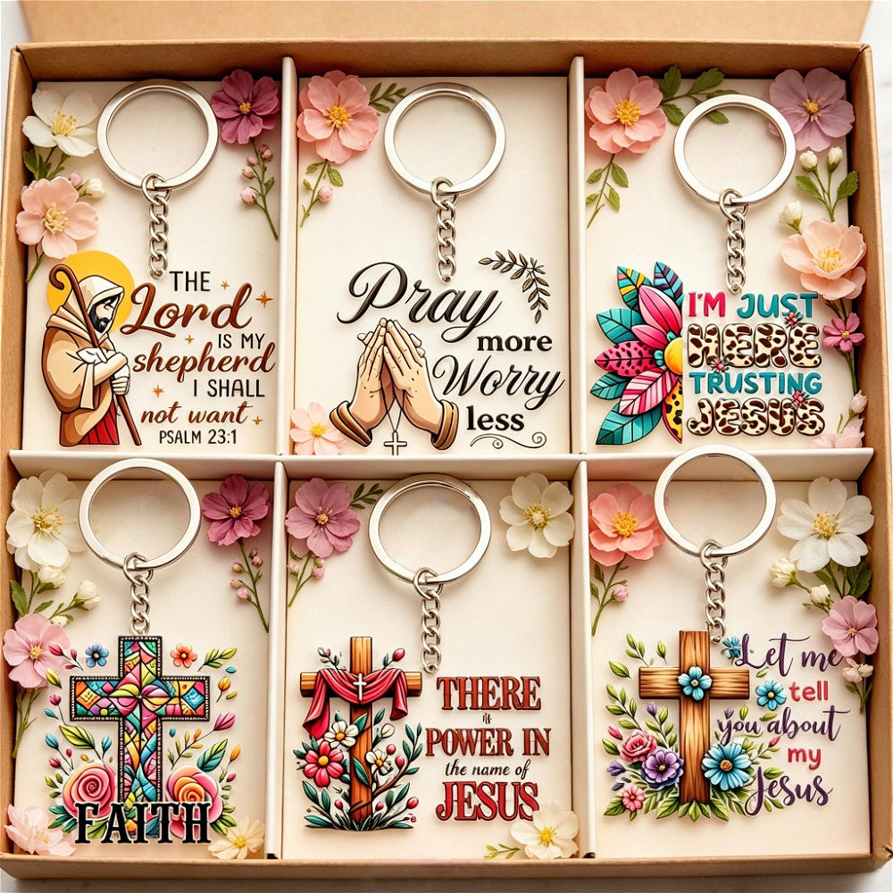 2D Flat, 2D Flat 6pcs Cross Blessing Keychain Set, Bohemian Style Pendant, Couple Keychains, Unisex, Car Keychains, Backpack Charms, Suitable for Daily Use, Prayer, Weddings, Baptisms, And Church. Blessing Gift