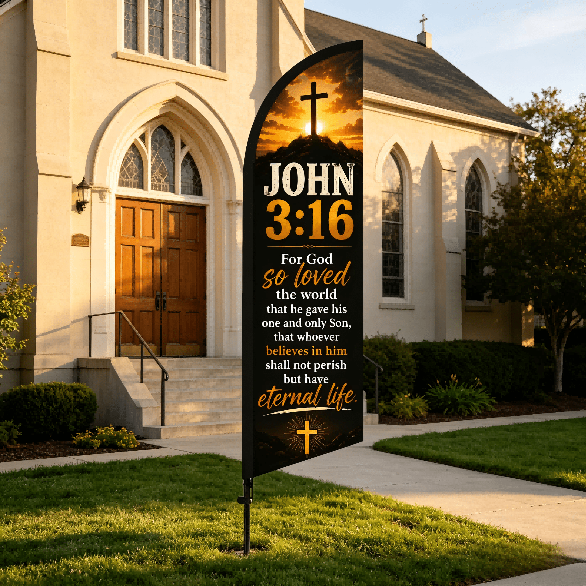 JOHN 3:16 Themed Church Decorative Pennant Flag, Beach Flag, Feather Flag. 198.12 cm Tall (pole Not Included), Polyester-blend Polyester Fiber Fabric,, Sun-resistant, and Fade-resistant. The Scripture Typography Is Simple and Elegant with Soft