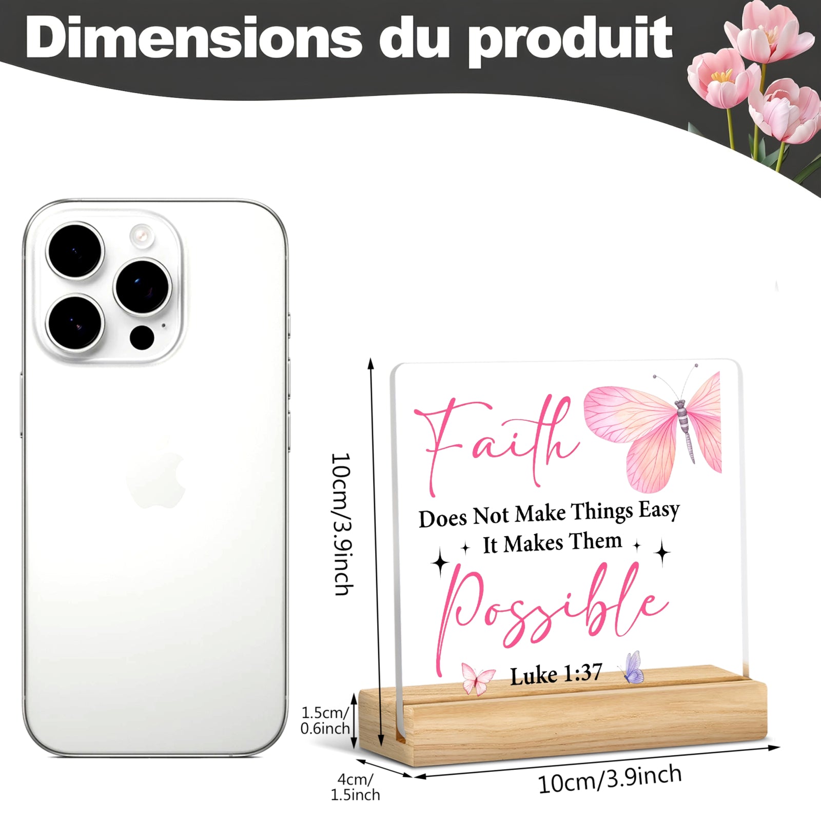 2D Flat, 1pc Christian Faith Plaque "Faith Does Not Make Things Easy It Makes Them Possible" Luke 137 Verse with Pink Butterfly Design - Acrylic Religious Wall/Table Decor Suitable for Home, Office, Easter Gifts for Women,, Church Decoration