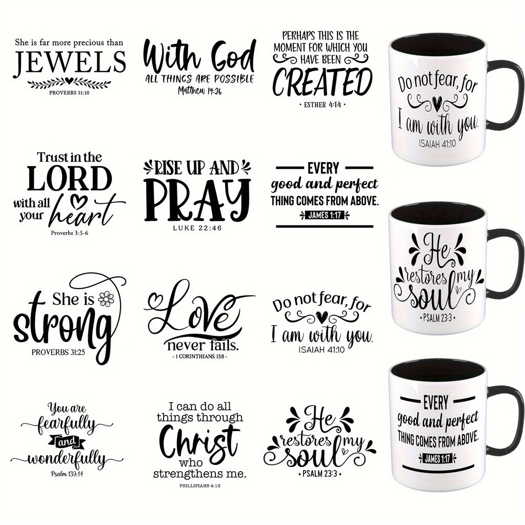 12pcs/set Inspirational Bible Verse DTF Transfer, High Adhesion, Suitable for Coffee Cups, Glass Jars, Ceramic Bottles, Laptops, and Phones, Unique Verse Designs, Cup Packaging