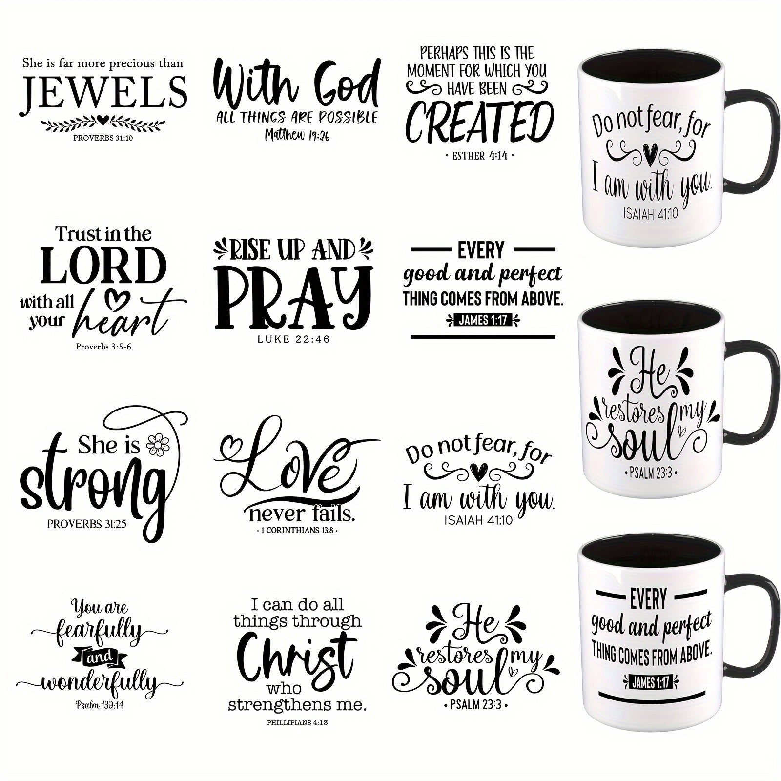 12pcs/set Inspirational Bible Verse DTF Transfer, High Adhesion, Suitable for Coffee Cups, Glass Jars, Ceramic Bottles, Laptops, and Phones, Unique Verse Designs, Cup Packaging